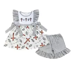 Wholesale Kids Embroidery Crosses Tops Boutique Shorts Children Spring Outfit Matching Baby Boy Girl Toddler Easter Set Clothing