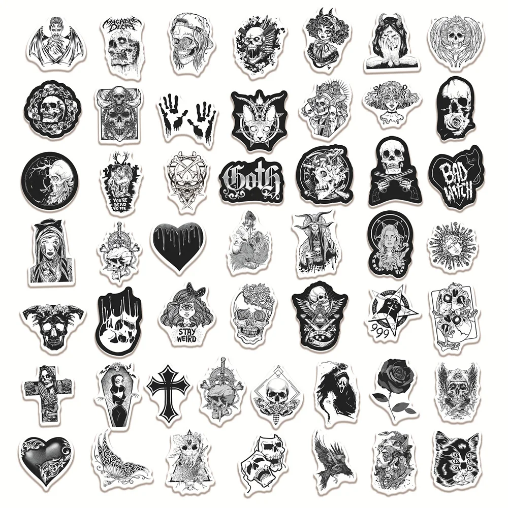 10/30/50/100pcs Black White Gothic Horror Skeleton Graffiti Stickers Skateboard Phone Fridge Luggage Car Cool Waterproof Sticker