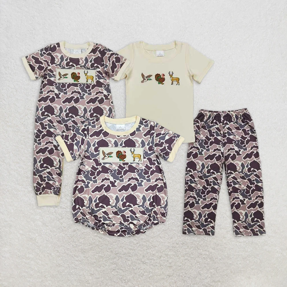 

BSPO0445 Wholesale baby boy clothes romper Embroidered turkey deer short sleeve camouflage pants sets Boutique kids clothes boys