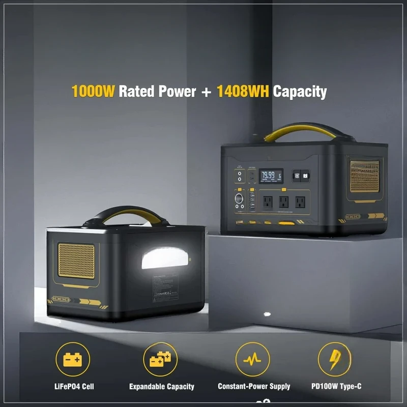 Portable Power Station 1000W (2000W) 1408Wh LiFePO4 Battery Powered Generator with 3x Sine Wave 1000W AC Outlets