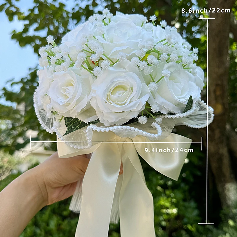 1PC Wedding Bouquets for Bride Silk Ribbon Bridesmaid Bouquets Valentine's Day Decoration Pearl Lace mesh Rose Tossing Bouquet ﻿