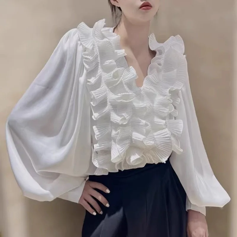 Celebrity Lantern Long Sleeve Tops Three-dimensional Flower Ruffle Edge Patchwork Palace Loose Slimming Shirt Women Casual Tops