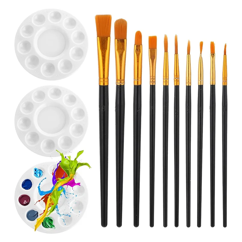 EDT-Paint Brush Palette Set 10 Pieces Nylon Craft Acrylic Paint Brushes 3 Pieces Round Paint Tray Palette For Painting