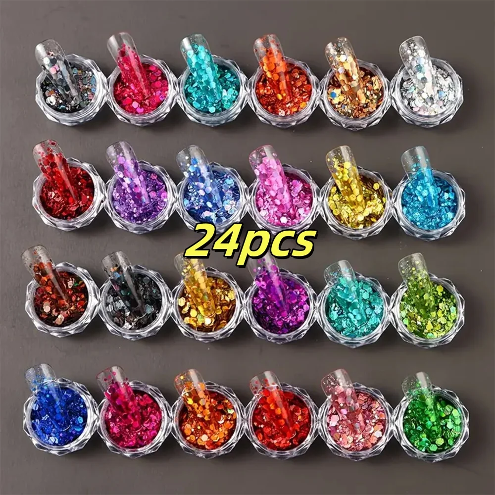 

24-Color/Set Sparkly Hexagon Chunky Nail Art Flakes Chameleon Iridescent Sequins DIY Chrome Powder Octagonal Shape Nail Decors *