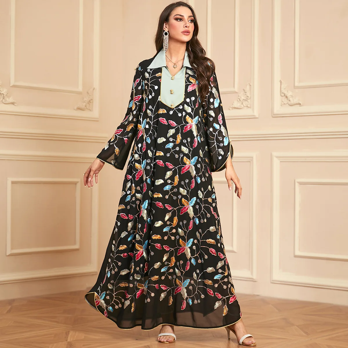 

4068 Muslim Bead Embroidered Long Dress Arab Dubai Abaya Dress