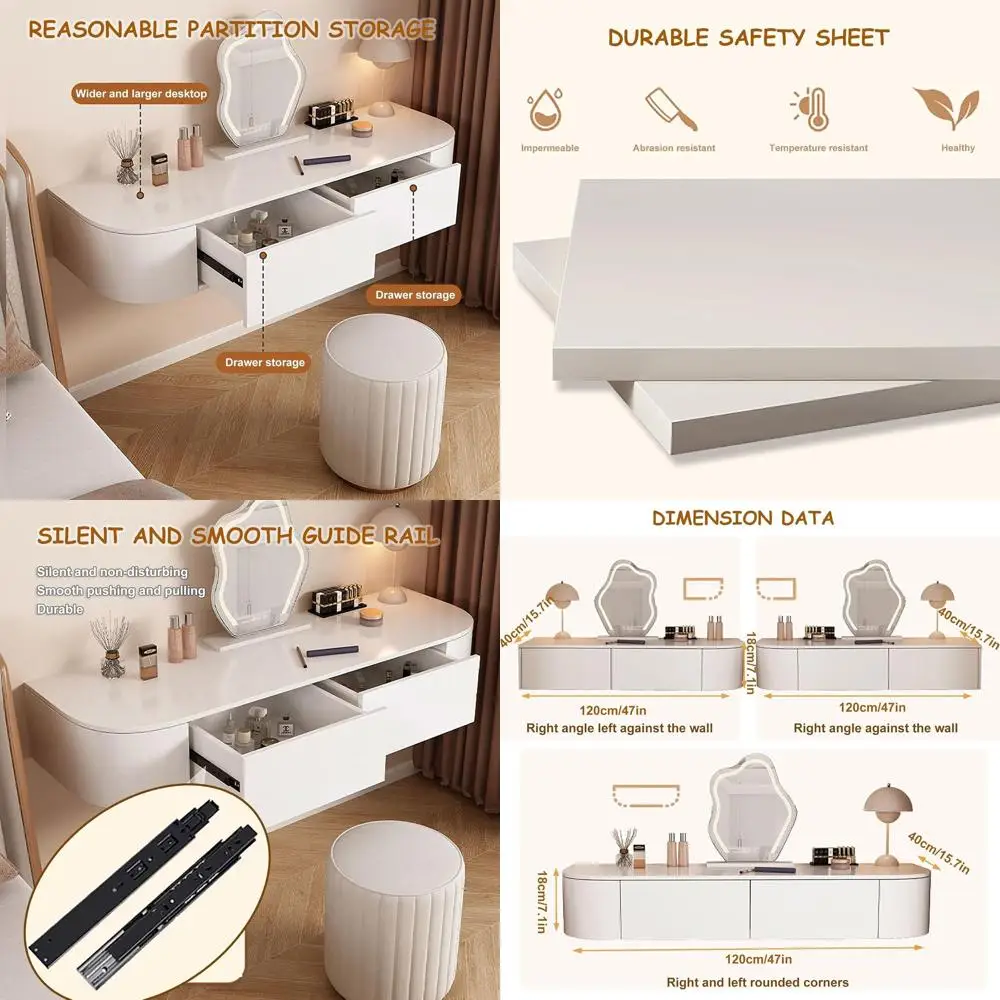 

White Floating Makeup Vanity Wall Desk, Storage Wall-Mounted Dressing Table, Small Wooden Vanity Desk with Mirror & Lights, Bedr