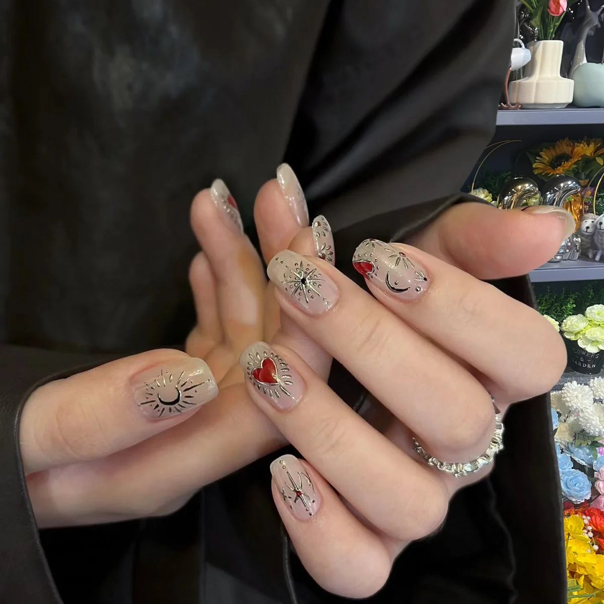 10 pezzi di unghie finte corte da donna in acrilico rimovibili francesi che indossano unghie finte set copertura completa stampa su punte per unghie punk fatte a mano