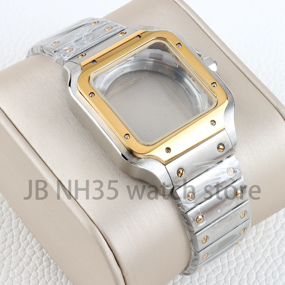 Silver/Gold 38mm Watch Case 21mm Strap 316L Stainless Steel Watchband Waterproof for Santos 27mmDial NH35 NH36 NH38 Movement