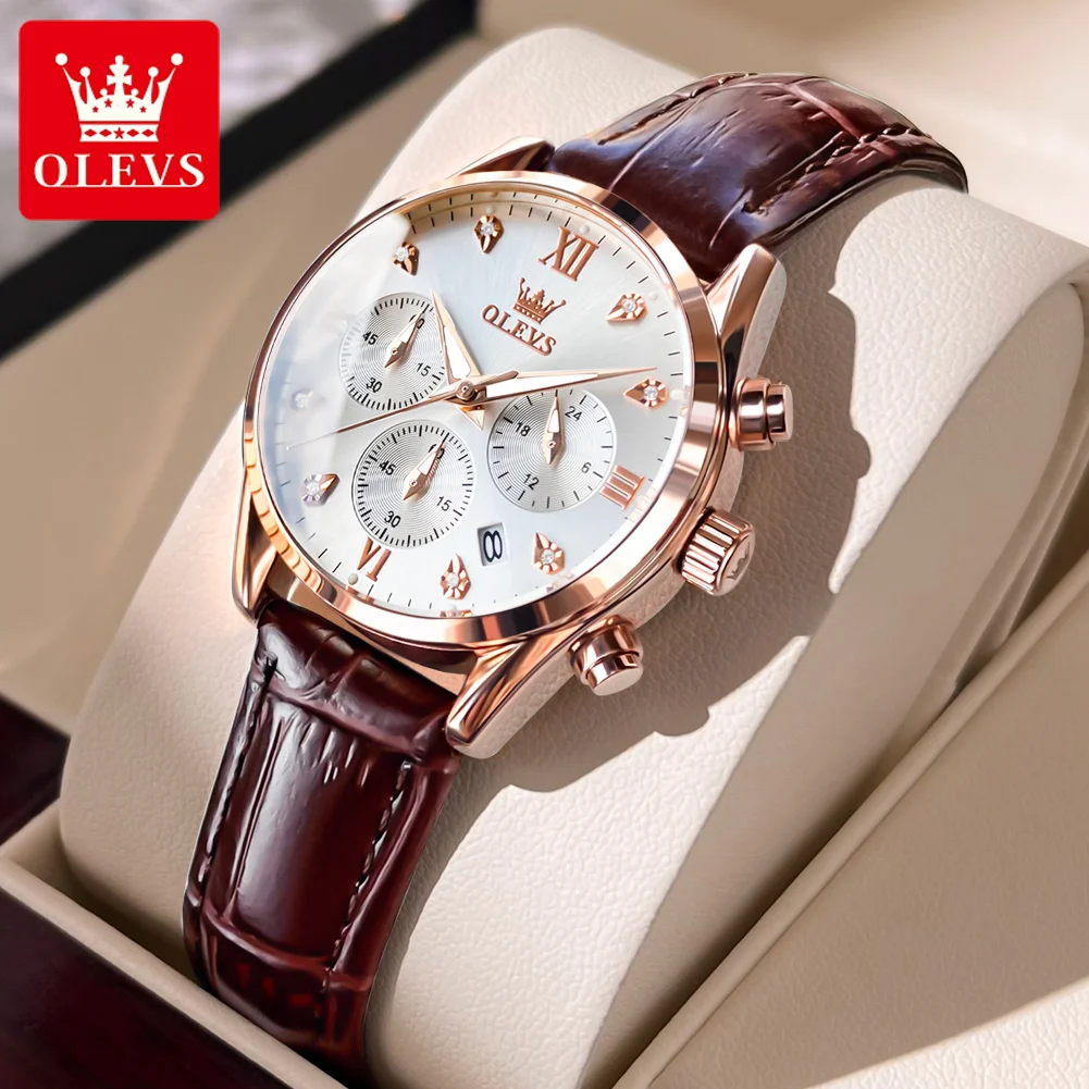 OLEVS 2024 New Arrival Womens Watches Top Brand Luxury Quartz Watch for Women Leather Strap Waterproof Chronograph Watch Ladies