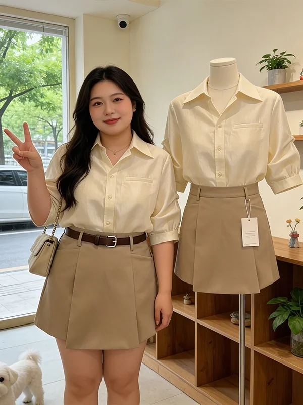 

plus Size Summer Outfit Women's Shirt Suit Short Pants Skirt Two Piece Set Versatile Casual High Waist Korean Style Fashion Set
