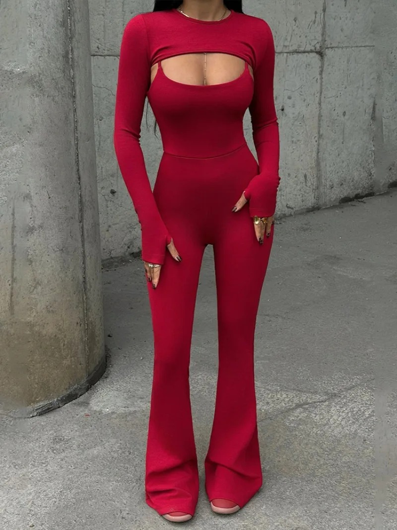 Women's Spaghetti Strap Jumpsuits Fashion Casual O-neck Long Sleeve Overalls 2 Piece Set Red Coffee Fitness Sports Bodysuits Y2K