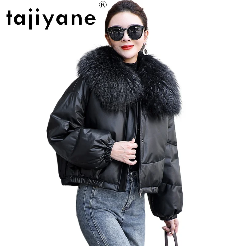 TAJIYANE 100% أعلى الحبوب جلد البقر أوزة أسفل معطف قصير الجلد الحقيقي سترة منفوخة المرأة الراكون الفراء طوق الملابس الشتوية 2025 كورت
