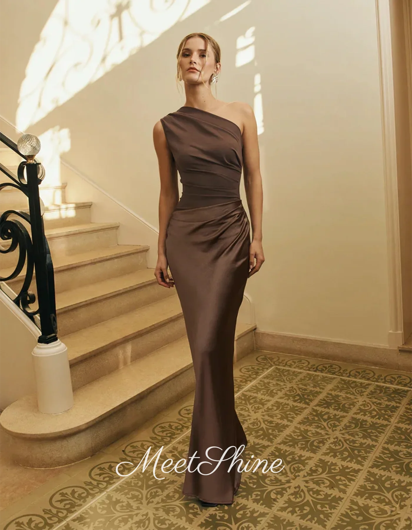 Vestidos de Noche de sirena de un hombro, color marrón, sencillo, Arabia Saudita, Patchwork, sin mangas, tren de barrido, vestidos de fiesta formales personalizados