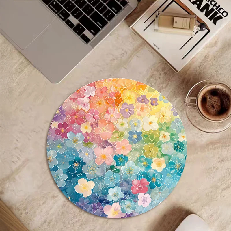 Round Mouse Pad Rainbow Cherry Blossom Small Non-slip Rubber Desktop Computers Kawaii Desk Accessories Mousepad Keyboard Mat