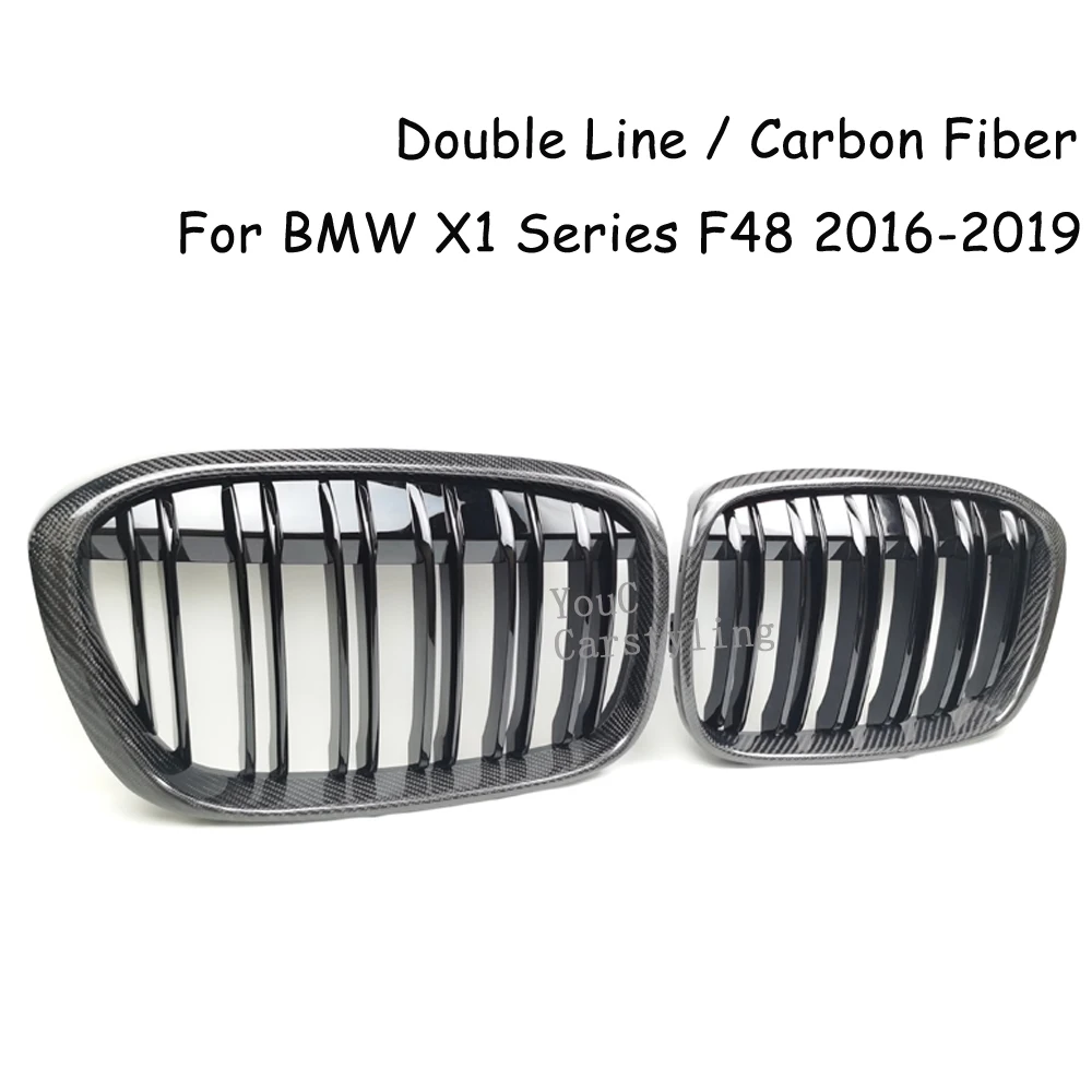 F48 Real Carbon Fiber Dual Slat Grille Mesh Car Styling For BMW X1 Series F48 2016-2019 Pre-LCI Front Bumper Kidney Grills