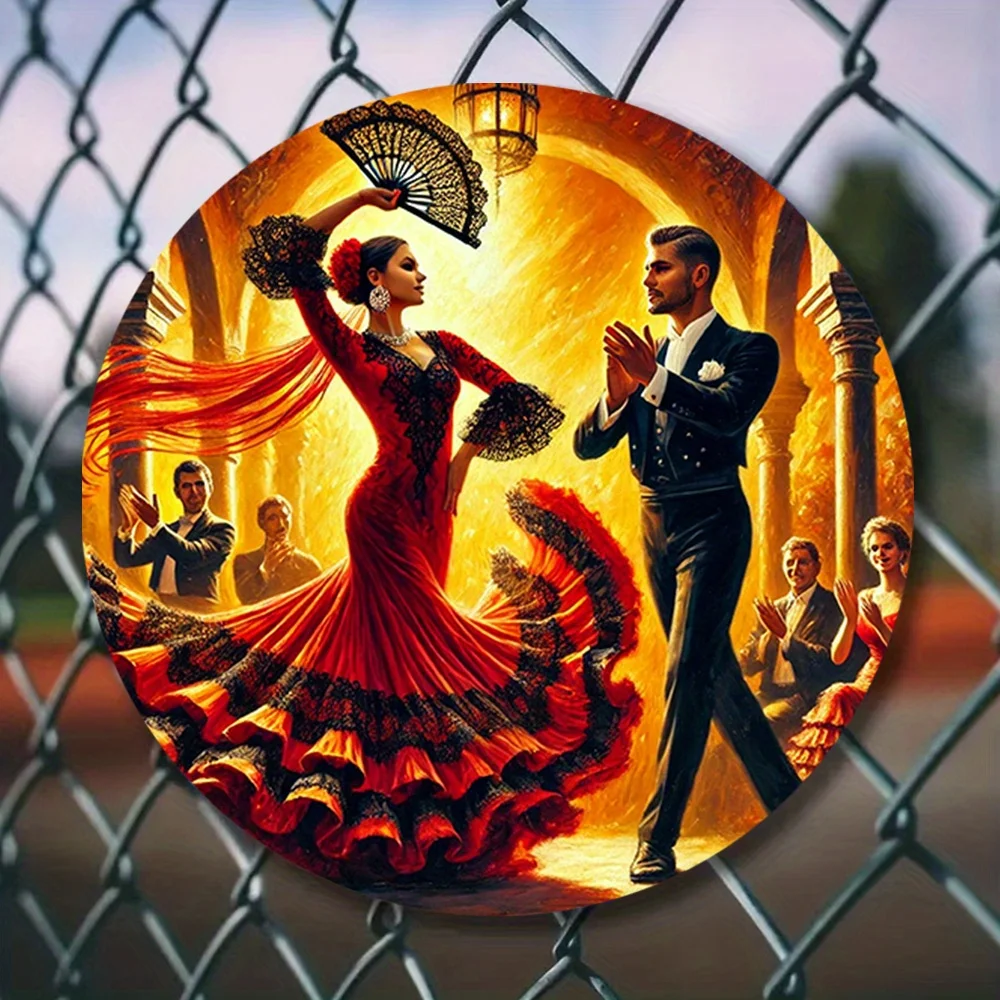 Letrero Metálico Vintage de Flamenco, Póster Artístico Plano 2D de Hierro, Pareja con Vestido Rojo y Abanico, Agujeros Preperforados, Decoración de Pared Antipolvo para el Hogar