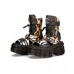 Men's Sandals Women's 2024 New Summer Wear High-Grade Leopard Print Punk Metal Sandal Boots Platform Shoes Height Increasing