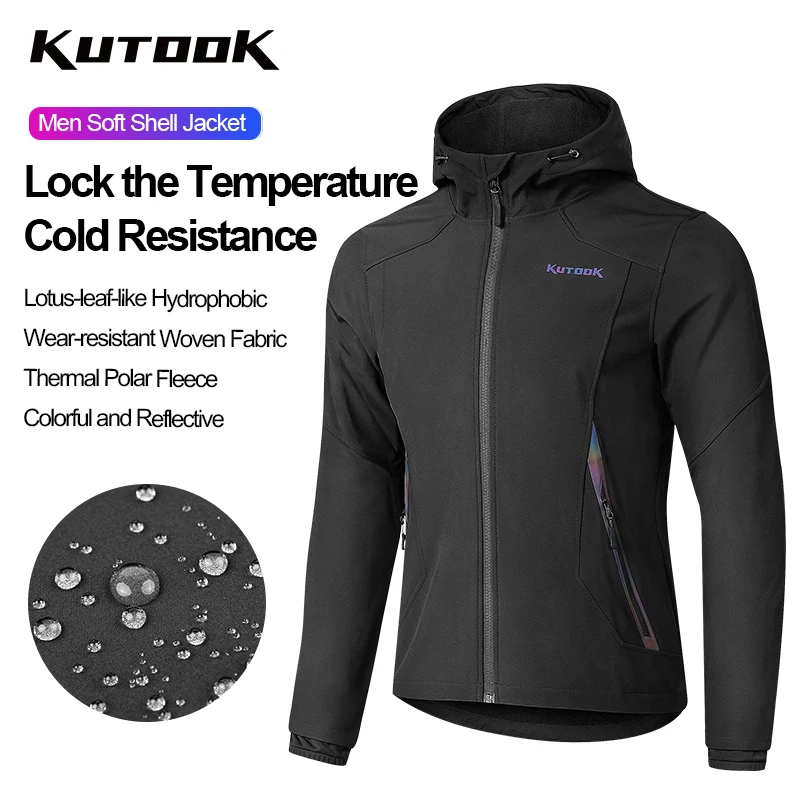 

KUTOOK Winter Men's Cycling Jackets Bike Riding Softshell Coat with Hooded Thermal Fleece Windbreaker for Men MTB Biking Clothes