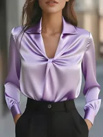 Autumn fashion temperament solid colour satin pleated long-sleeved shirt for women - Image 3