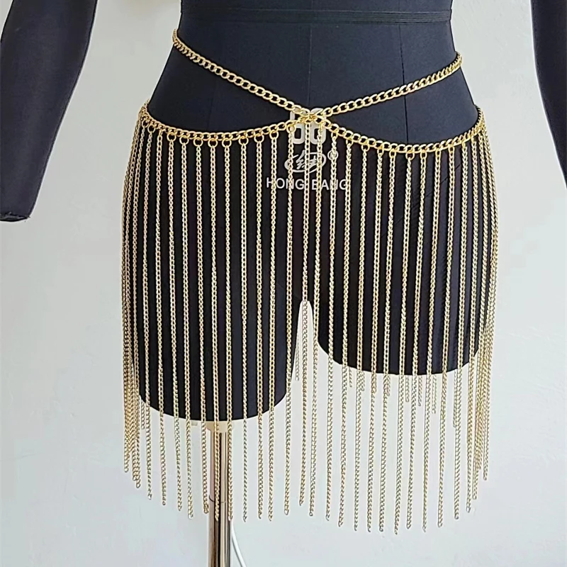 Damen Y2K Sommer-Minirock mit Metall-Pailletten, Glitzer-Strass und Quasten-Taillenkette für Festival, Rave und Nachtclub – Detail 6
