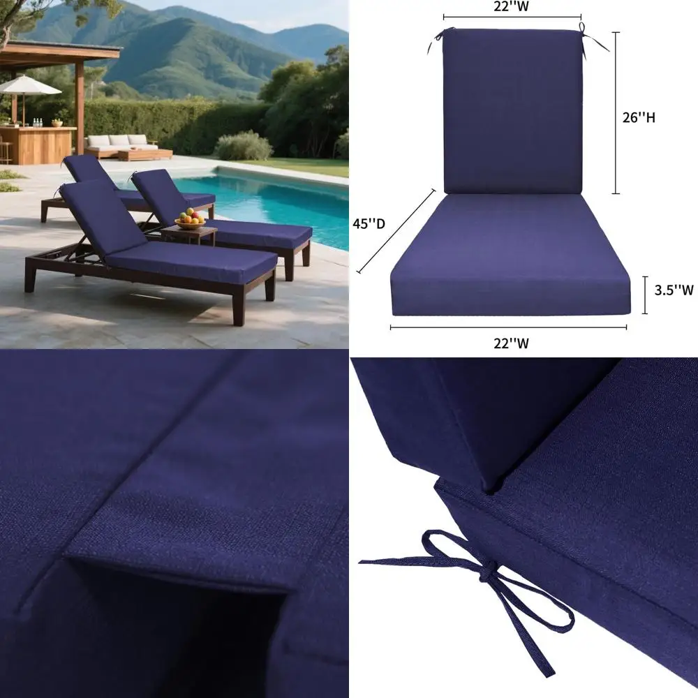 

Navy Blue Outdoor Chaise Lounge Cushion, Waterproof and Fade-Resistant, with Ties for Patio, Poolside, and Garden Use
