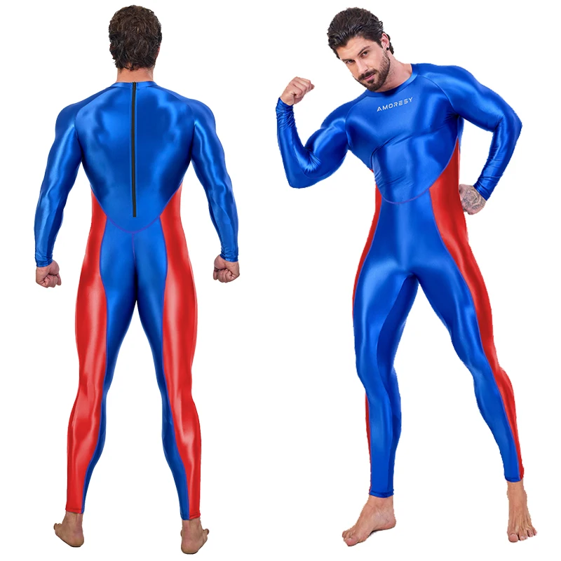 AMORESY-medias deportivas brillantes para hombre, traje Sexy, Catsuit de Cosplay, monos, Bodystocking elástico, traje Zentai, ropa de yoga