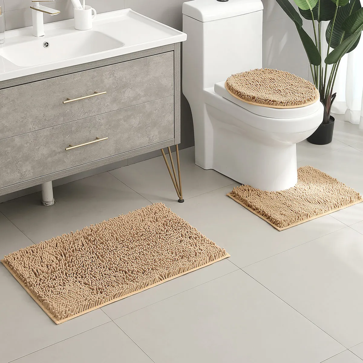 3-piece bathroom chenille floor mat, absorbent anti slip bathroom carpet, bathroom U-shaped foot mat, toilet lid, TPR anti slip