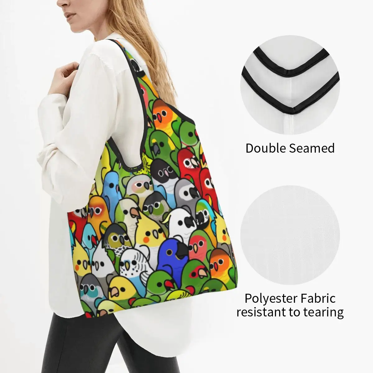 Kawaii Funny Parrot Birds Squad Art Shopping Tote Bags Portable Cockatiel Bird Groceries Shoulder Shopper Bag