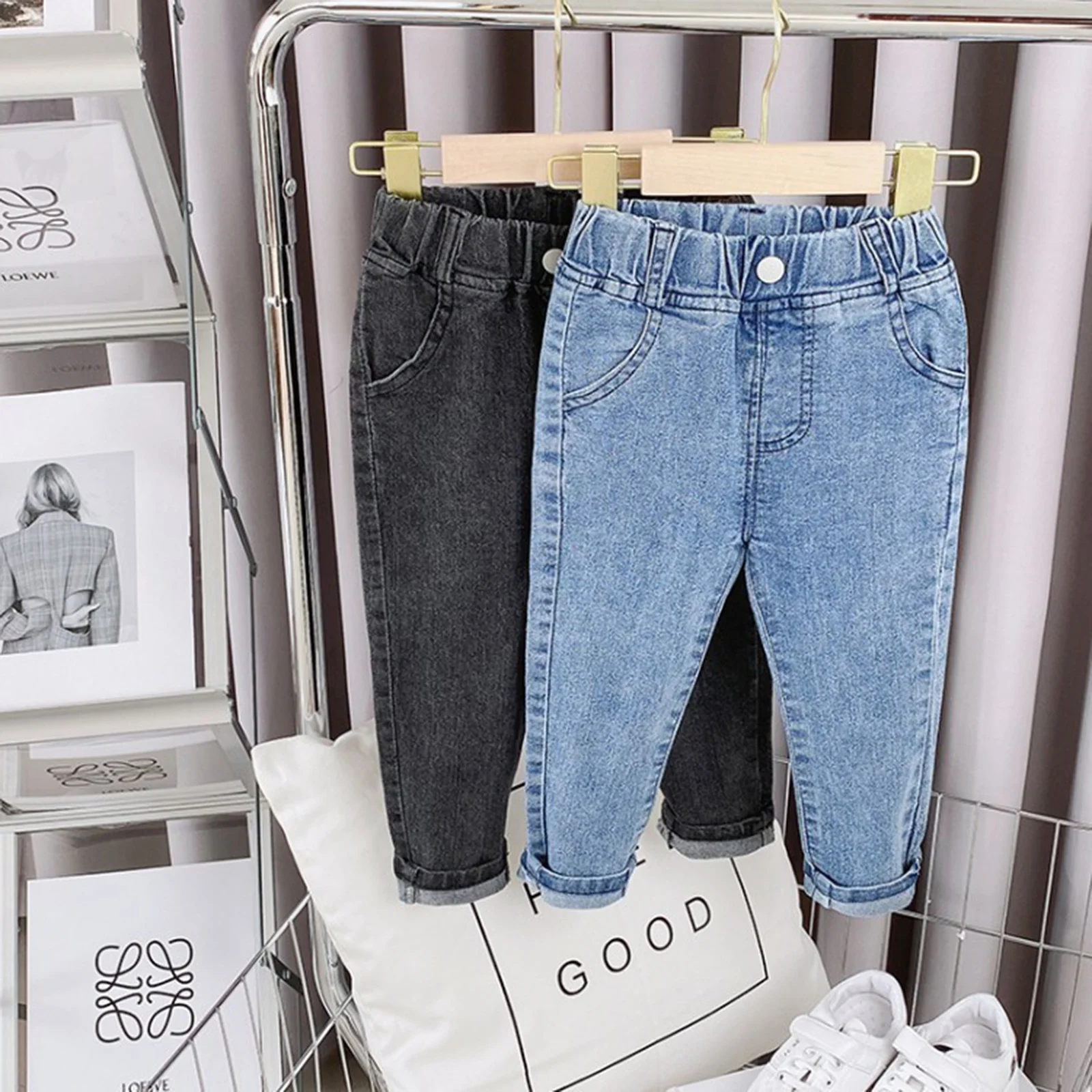 Toddler Kids Fashion Casual Preppy Style Jeans Korean Denim Pants Curly Hem Solid All-match Cotton Trouser Streetwear Loungwear