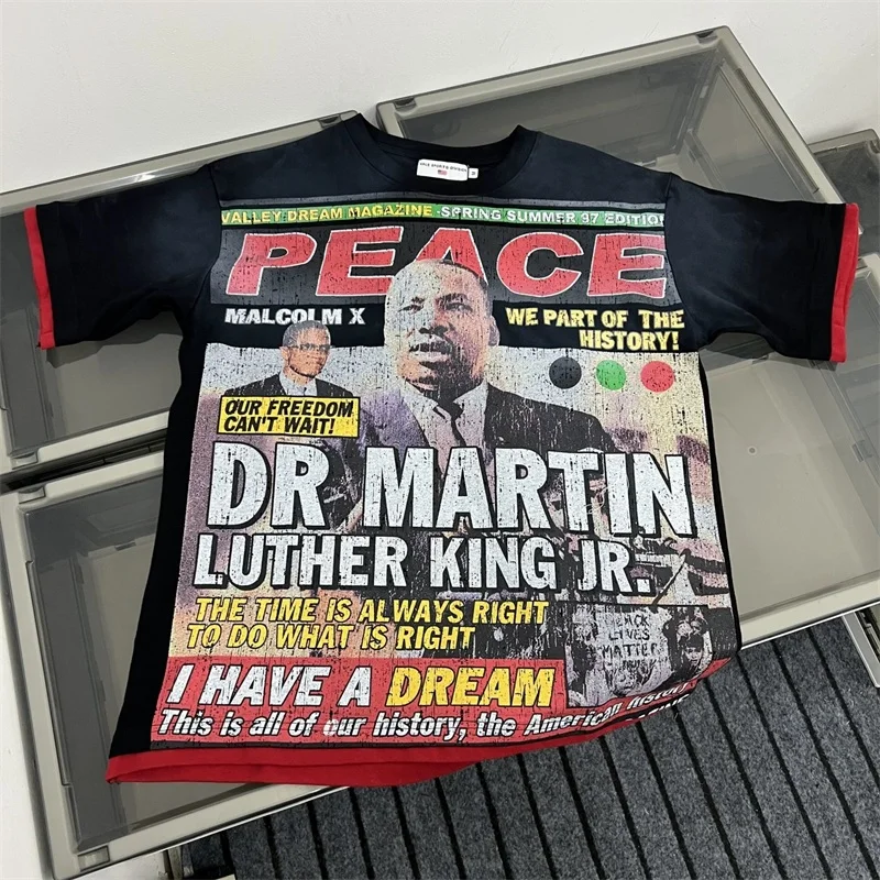 

Футболки VALLEY в стиле ретро, уличная одежда с принтом персонажей, футболки с красными краями, американские футболки High Street Vale