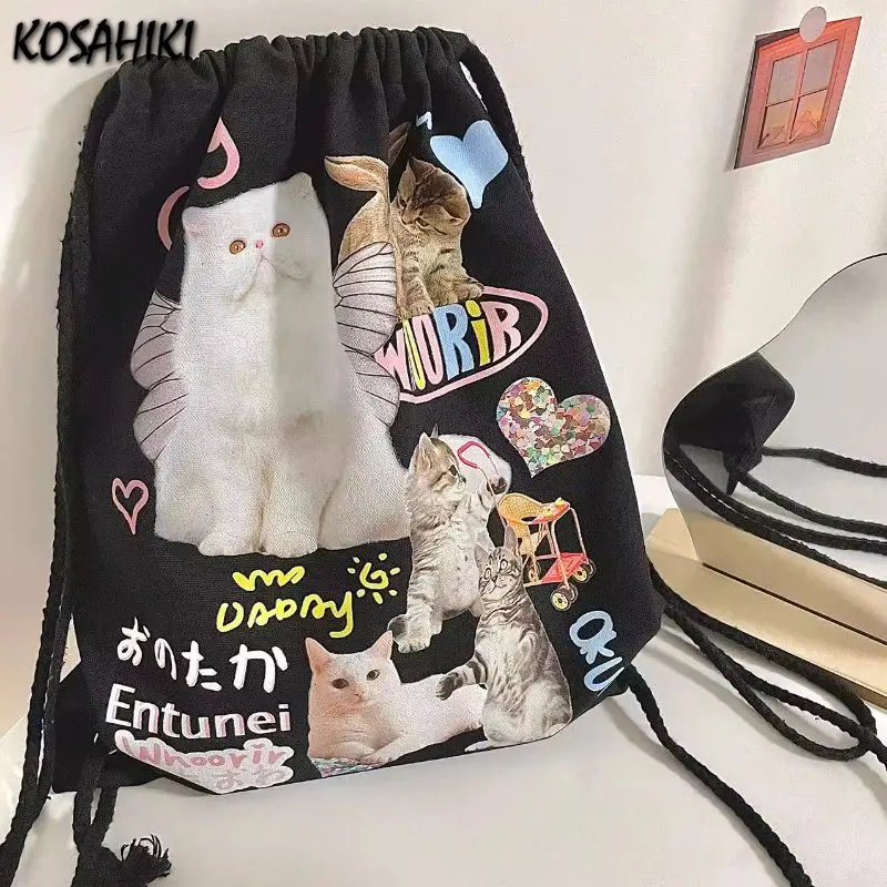 Y2k Aesthetic Casual All Match Backpack Japanese Cartoon Chic Drawstring Schoolbags Women Harajuku Vintage Cat Print Canvas Bags