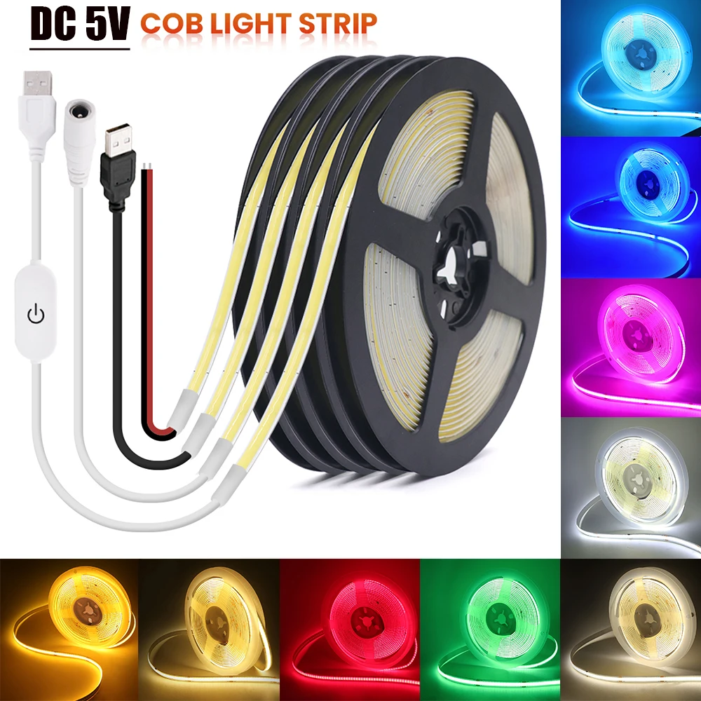 USB 터치 조광 가능 COB 스트립, 유연한 리본 로프, TV 백라이트 LED 스트립, 320LED/M 화이트, 아이스 블루, 핑크, 옐로우, 핑크, 레드, 5V