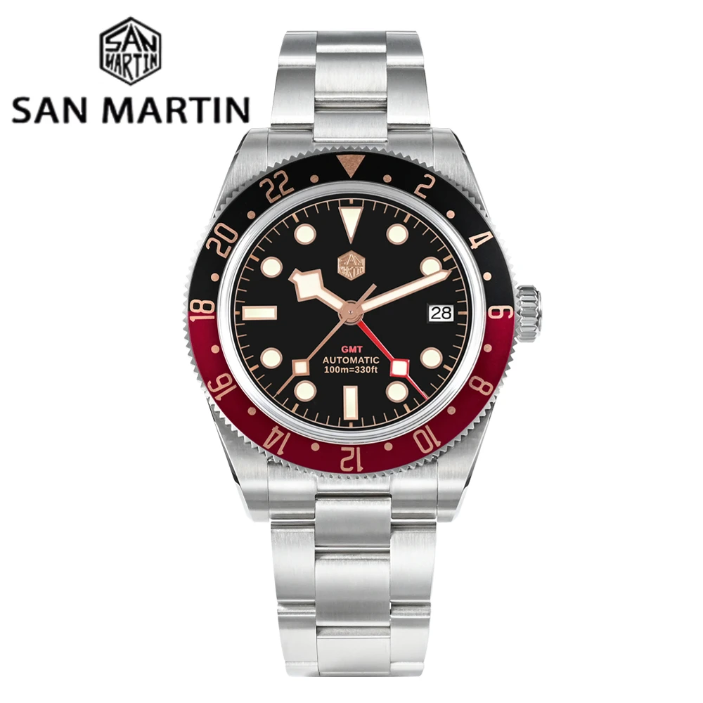 

San Martin 39mm Rose Gold Classic Retro Mens Watch Luxury Sapphire NH34 GMT Automatic Mechanical 3H Date Waterproof 100m SN0109