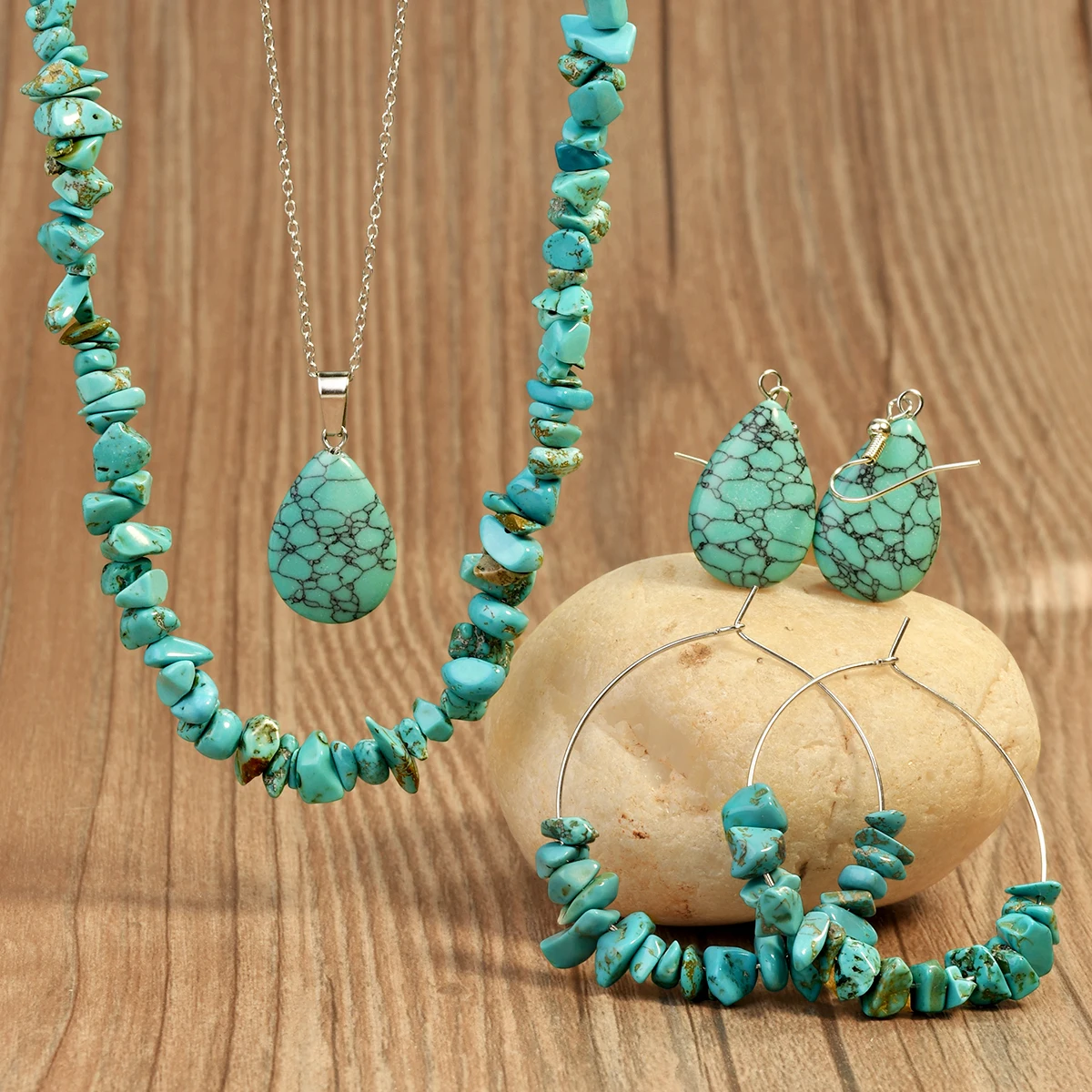 

4 шт., винтажное нерегулярное дробленый камень, синтетическая бирюза, ожерелье, серьги, комплект для мужчин и женщин, модные праздничные украшения для вечеринок