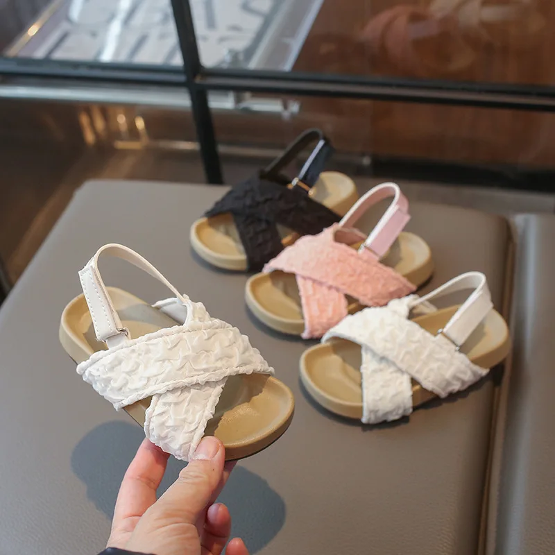 Summer Girl Hollow Out Open-Toe Roman Sandals Children Flat Soft Non-Slip Beach Shoe Kids Single Buckle Water Shoe Casual Sandal