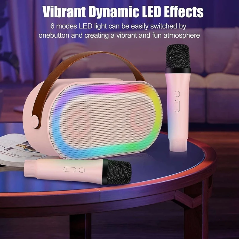 Mesin Karaoke Mini, Set Speaker Bluetooth portabel dengan 2 mikrofon nirkabel dengan lampu LED (putih) mudah dipasang