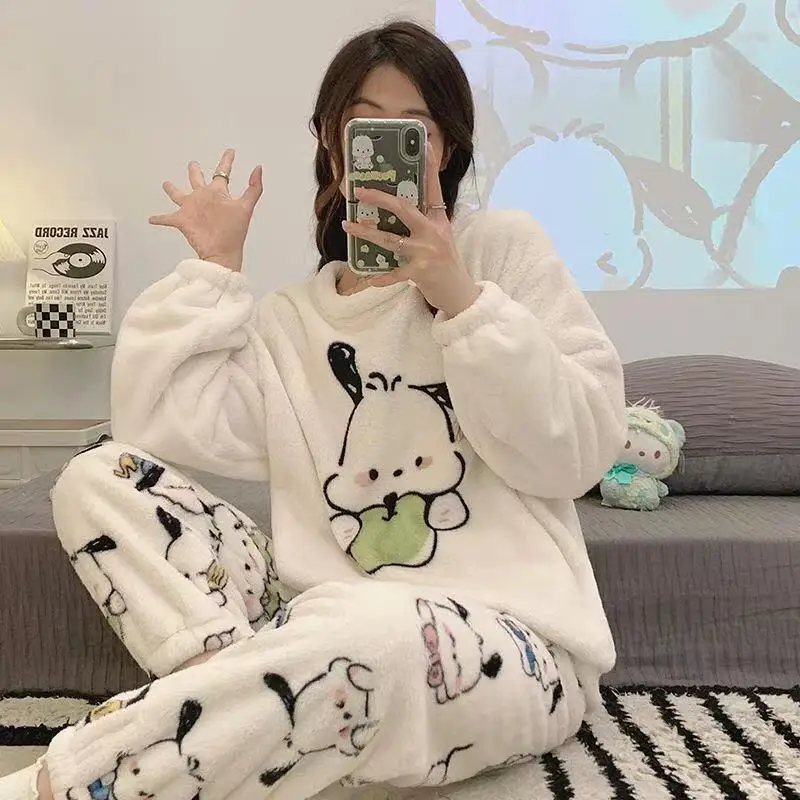 حار أنيمي مرحبا كيتي المرأة منامة Sanrios Kuromi الكرتون الحلو Kawaii نمط طويل الأكمام السراويل مجموعات الملابس المنزلية النسائية