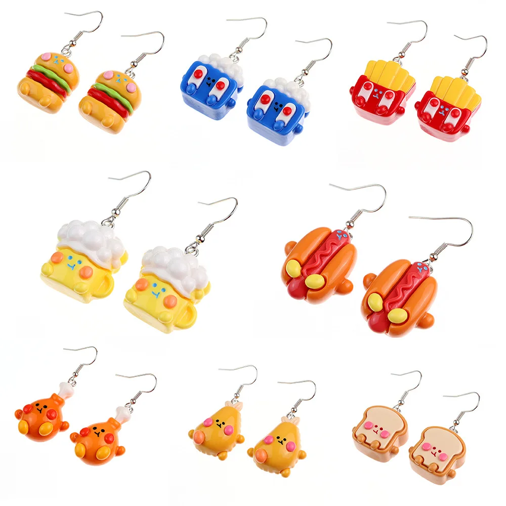 Ovxxons 1 Pair Fun Cute Cartoon Blush Food Play Bread Hamburger Fries Earrings Creative Childlike Fun Girl Heart Ear Hook