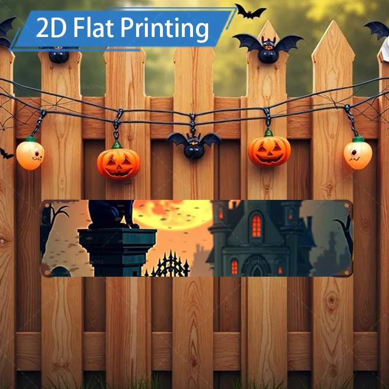 1pc 4x16インチ メタルサイン ハロウィン 2D フラットプリント メタルサイン - 不気味な城 & カボチャのシーンの装飾