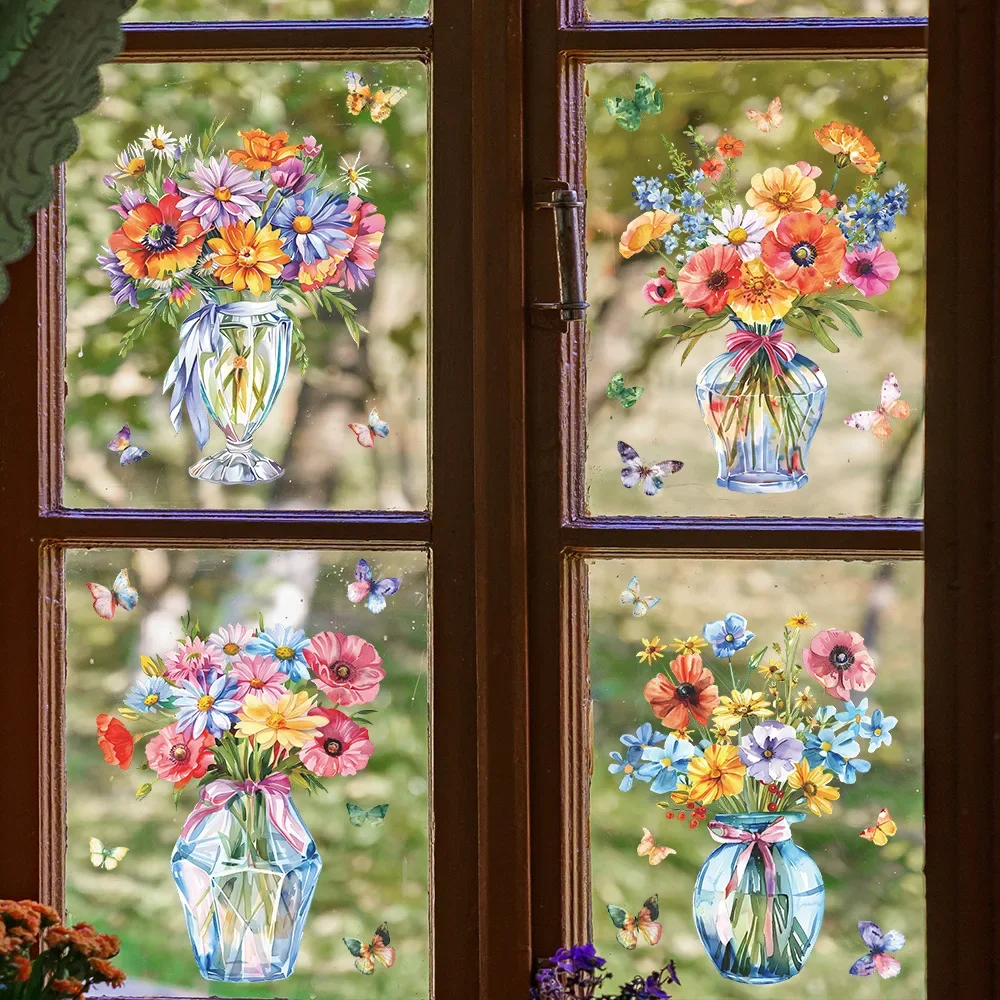 4PCS Watercolor Flower Vase Couplet Painting Glass Window Home Beautify Decoration Electrostatic Uv Window Sticker