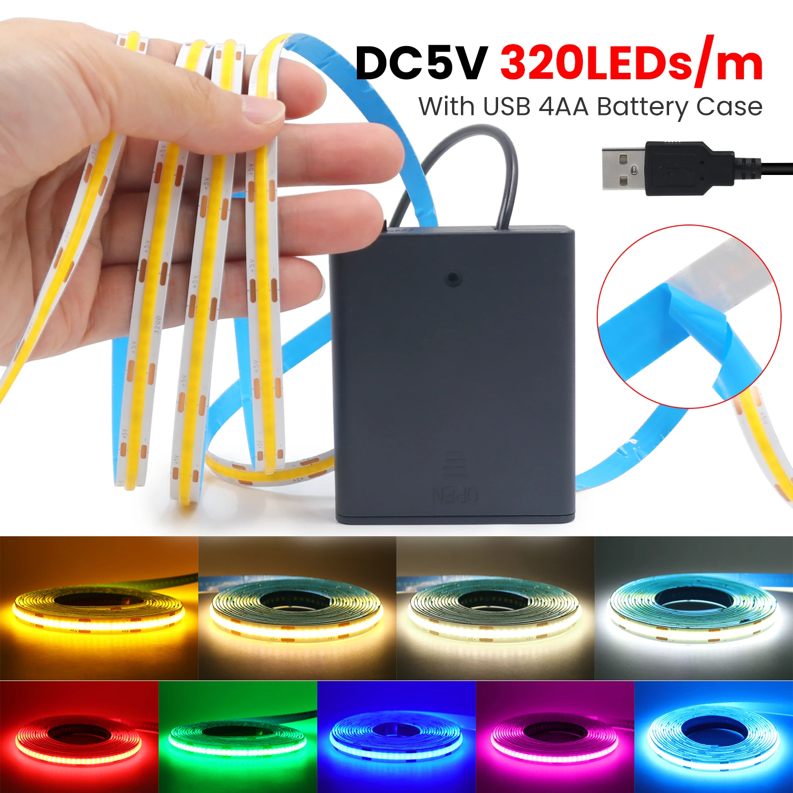 

4AA Battery Box 5V USB COB Led Strip 8MM 320LEDs/M Flexible Tape Light Ice Blue Red Yellow Green Pink White for TV Backlight