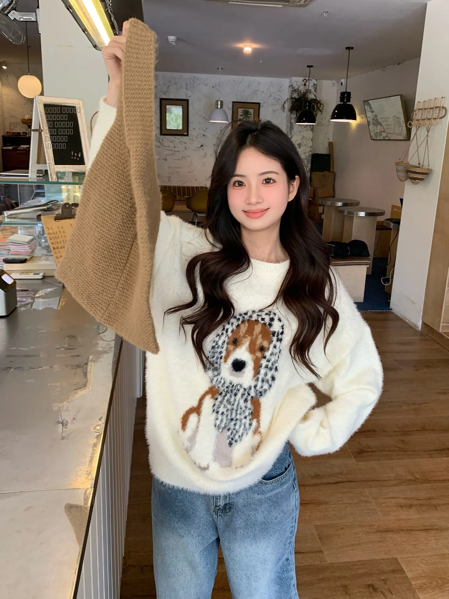 

Свободный женский вязаный свитер в корейском стиле с мультяшным принтом, мягкий, удобный, с длинными рукавами, круглым вырезом, пуловер, осенняя мода