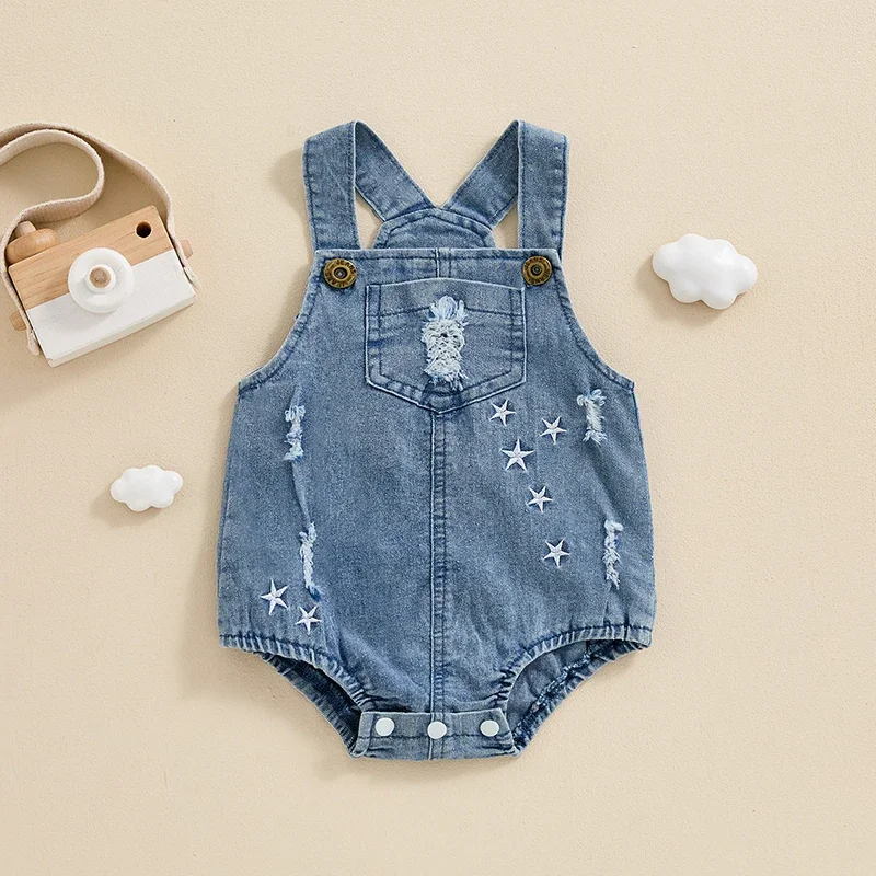 Baby Girls Denim Romper Overalls Bodysuit Ripped Star Embroidery Buttons Straps Infant Jumpsuit Summer Clothes