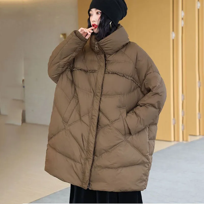 New Oversized Women\'s 90% White Duck Down Coat Winter Thick Warm Down Jacket Loose Snow Female Stand Collar Long Parker Overcoat