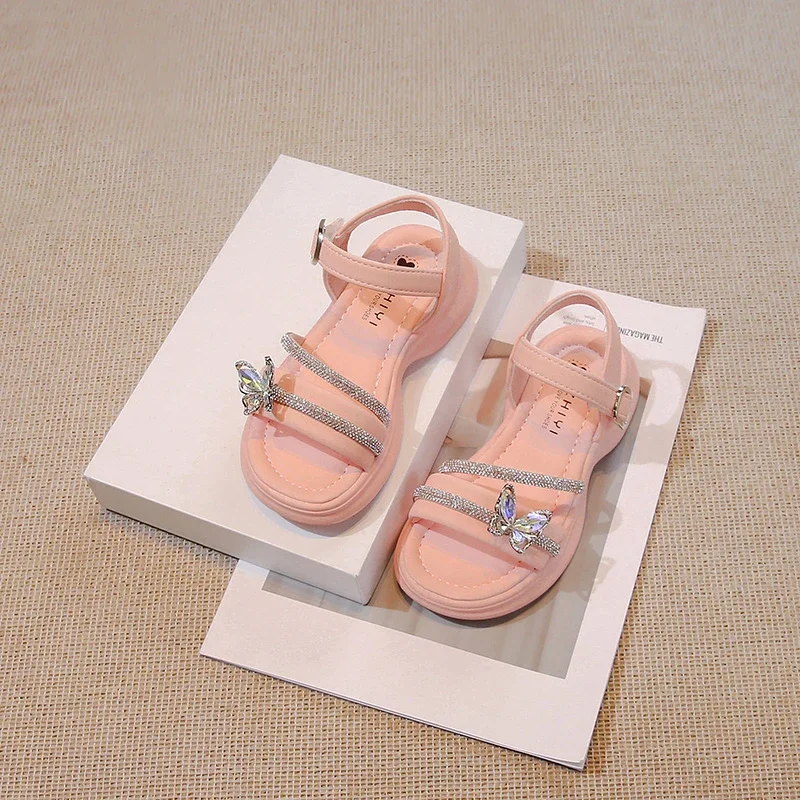 Fashion Butterfly Girls' Sandals 2024 Summer New Children's Soft Sole Anti Slip Beach Shoes Bowtie Baby Princess Shoes