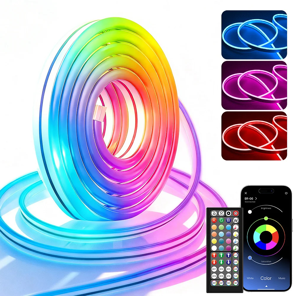 Bande lumineuse LED néon bricolage RGB avec télécommande et application, synchronisation de la musique, étanche, pour chambre à coucher, bar, salle de jeux, anniversaire