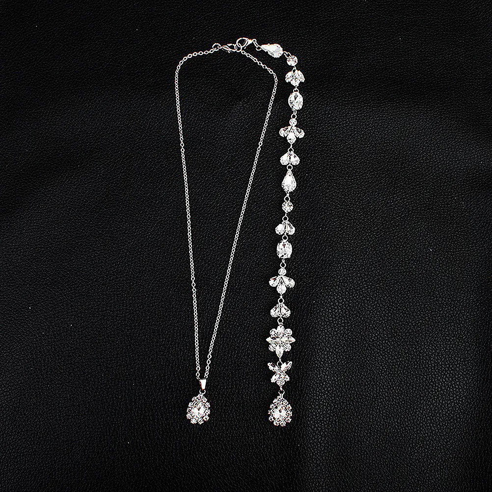 

Chic Bride Crystal Pearl Pendant Back Necklace Elegant Long Body Chain Tassels Backdrop Necklace for Women Party Wedding Soiree