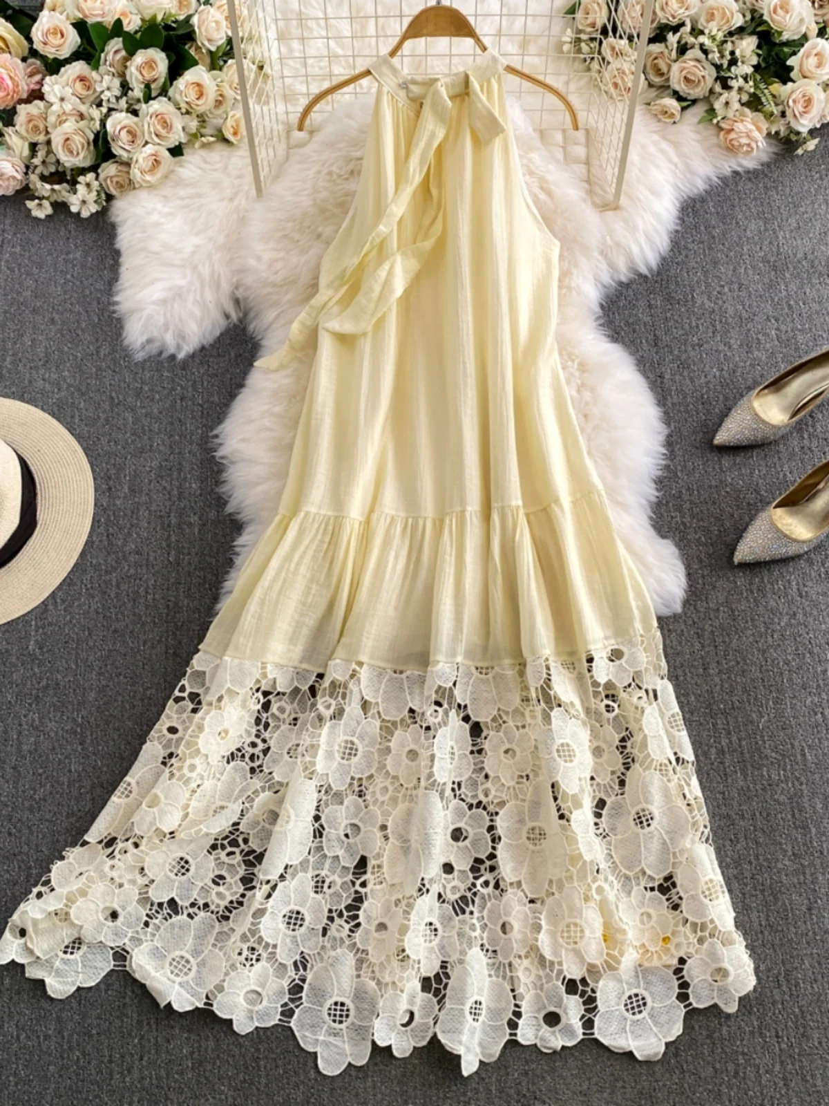 Vaion Sle Long Dr femmes haute Ne dentelle robe creuse douce jupe trapèze Version coréenne été Dr