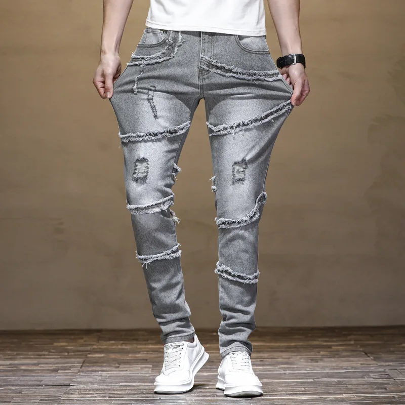 

Summer Men Jeans Light Grey Slim Fit Motorcycle Stitching Fur Edge Trendy Leg Mid Waist Trousers Embroidered Denim Pants Cotton