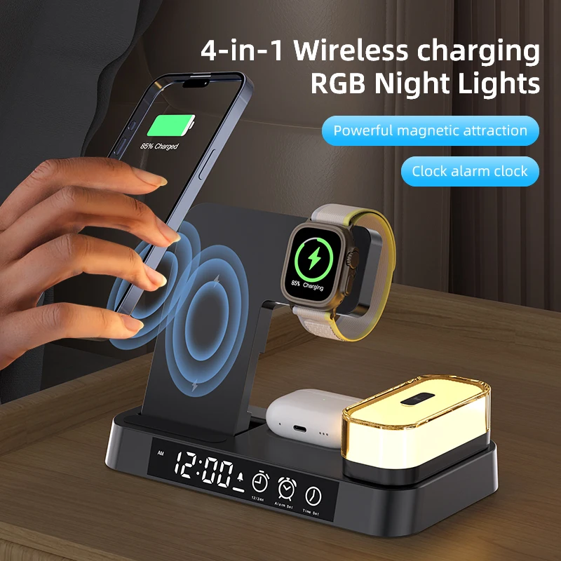 HAAYOT Nachtlicht, kabelloses Ladegerät mit Wecker für iPhone 16, 15, 14, 13, Schnellladestation für Apple Watch AirPods Pro